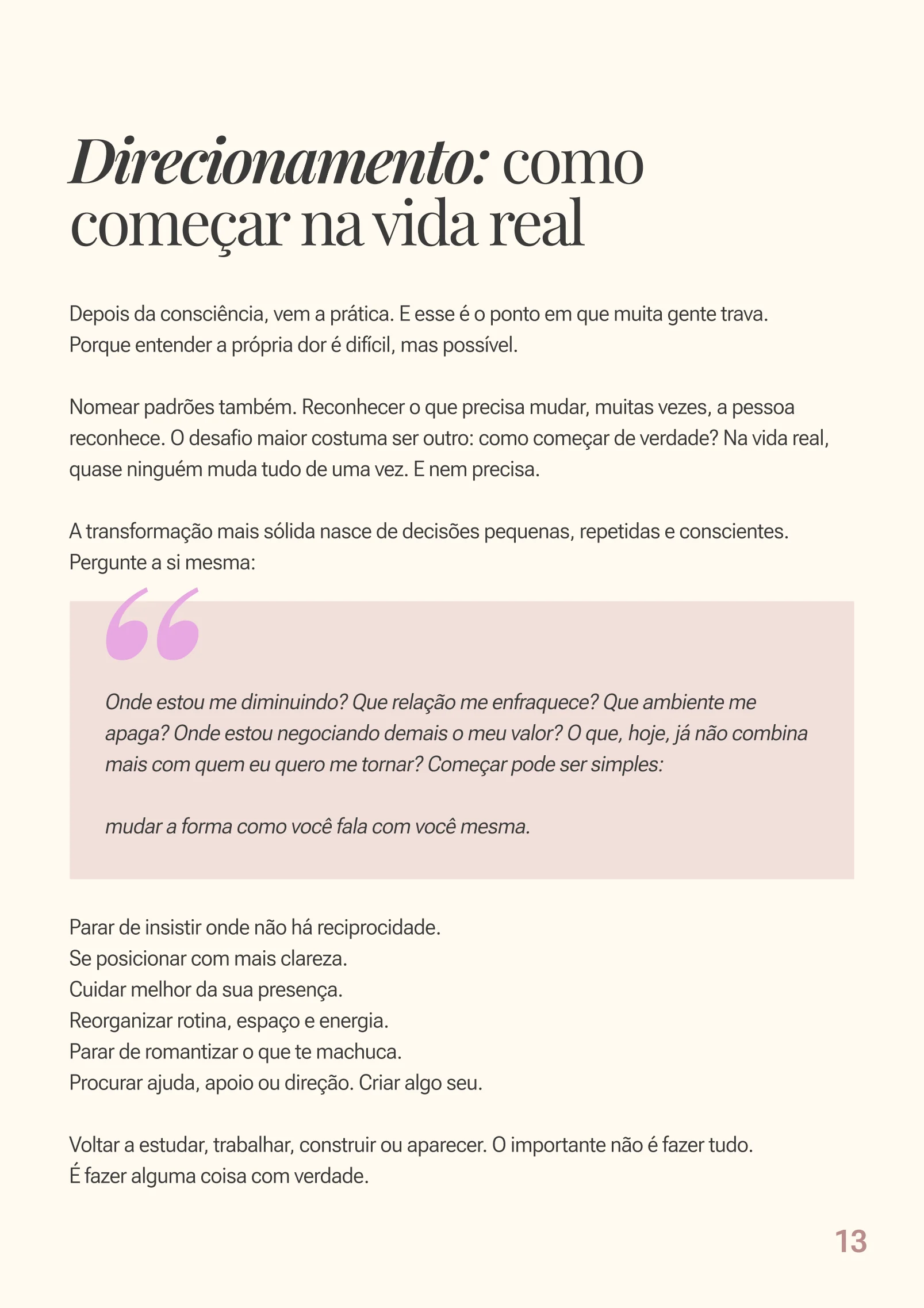 Página real do e-book com direcionamentos para começar na vida real